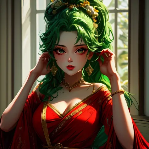 A woman who has pride, has green hair, wears a red dress with a yellow ornament, 