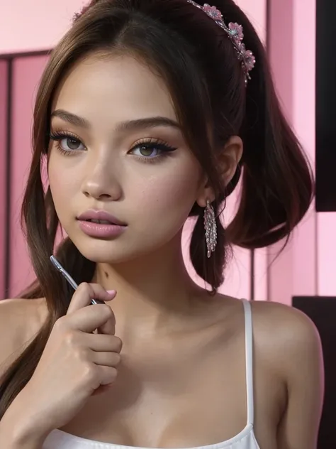 there is a woman that is holding a cell phone in her hand, portrait sophie mudd, youtube video screenshot, eva, blackpink jennie, by Robbie Trevino, pokimane, bella poarch, screengrab, inspired by Gina Pellón, with professional makeup, by Eddie Mendoza, in...