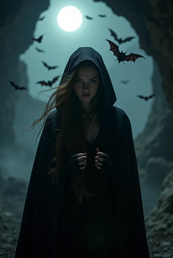 1 girl, vampire, (fangs:1.3),  gothic background ,  the deep cave is surrounded by groups of bats, dark and mysterious  , (maste...