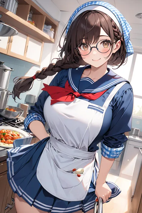 masterpiece, best quality, ultra detailed 8k, extremely detailed eyes, (cute girl with one braid:1.2), (dark brown hair, (low ponytail, one braid), braid with hair bow), 17yo, light brown eyes, droopy eyes, glasses, smile, large breasts, large buttocks, vo...