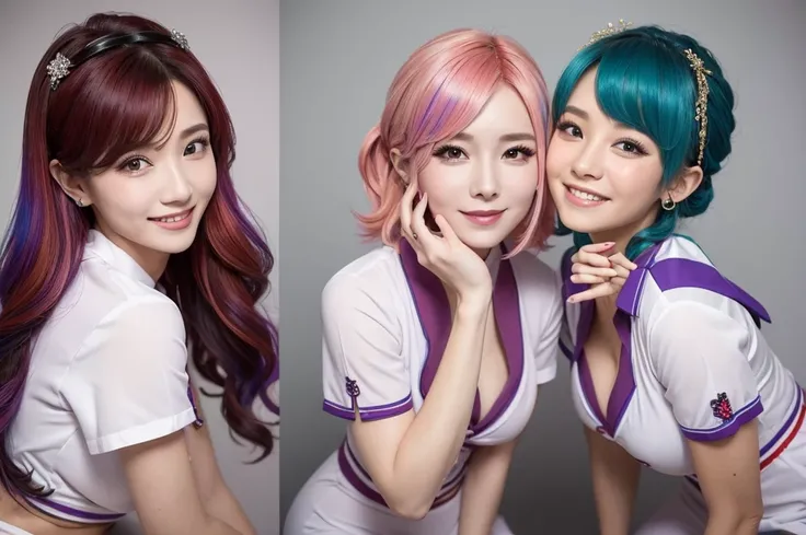  Two Sexy Women in Midwife Outfits That Boys Love, Multicolored Hair Colors and Hairstyles ,  seductive smile,  PORTRAIT,  face close-up,  year-old student 