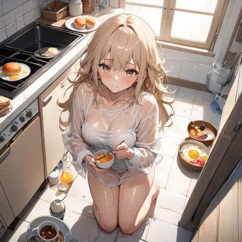 1 girl, solo, High resolution, master piece, lazy sexy girl, fluffy long beige hair, beige eyes, shameful face, wet, sweaty, full body, real body, see through long sleeve, in the kitchen, making break fast, morning, from above,