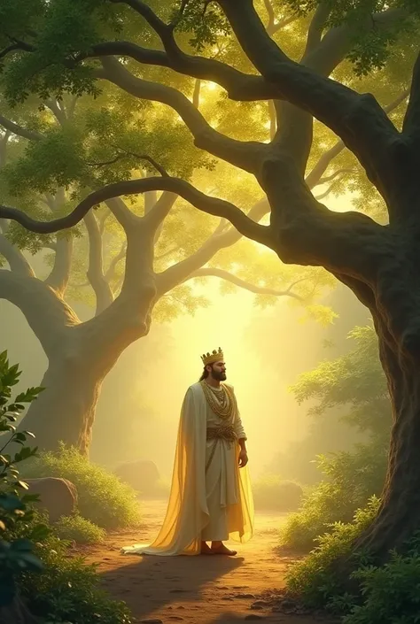 "Show a symbolic scene where the king, lovely in thought under a large Ashoka tree, has a magical moment where his seed spills. Use  soft colors like yellows and oranges with a  magical patterns of real nature surrounding him."
