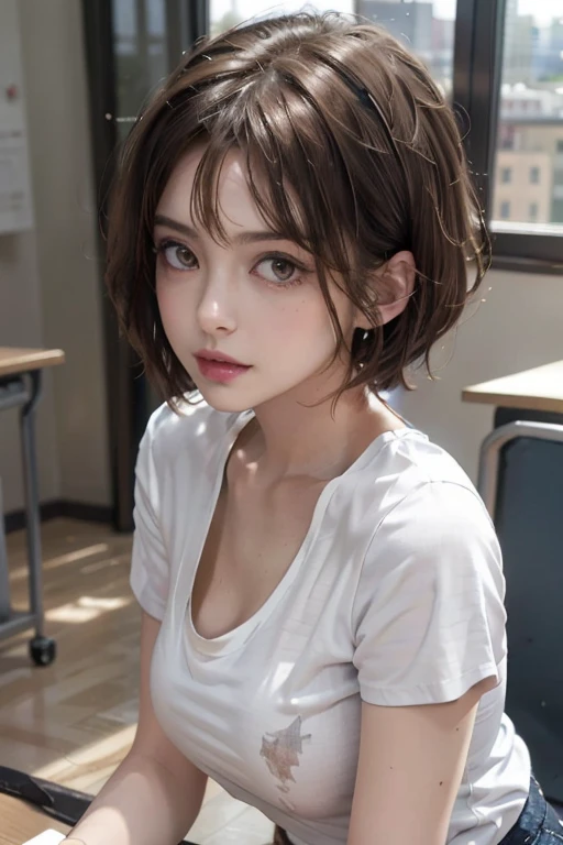 Realistic, 1 female,  Office Lady Overlapping the Sunset , Age 30, Cool Beauty, Very short hair,  pixie cut, Brown Hair,   sweep bang,  Brown Eyes ,  double eyelid,  under rims ,  pink shiny lips ,  her mouth is slightly open,  perfect female body,  plump ...