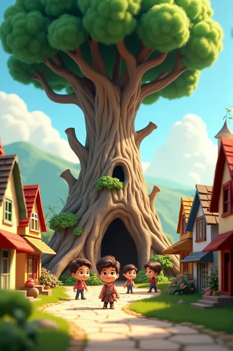 In cinematic 3d cartoon style"Illustrate a small, peaceful village with a large, old tree in the village center,looking like it might fall. 