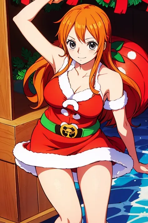 Draw an illustration of Nami who appears in ONEPIECE cosplaying as Santa for Christmas