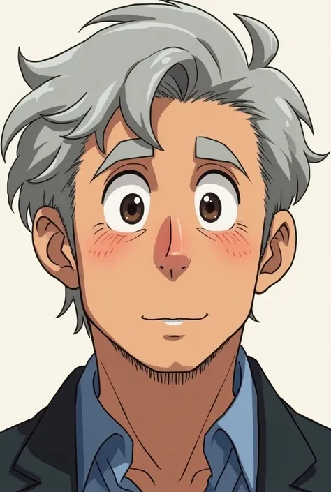 Male.Anime.. Short wavy little gray hair.chubby cheeks.small jaweline joined thick eye brows.little bit round face.large eyes.middle aged.normal ears and mouth.caucasoid race. Brownish black in complexion 