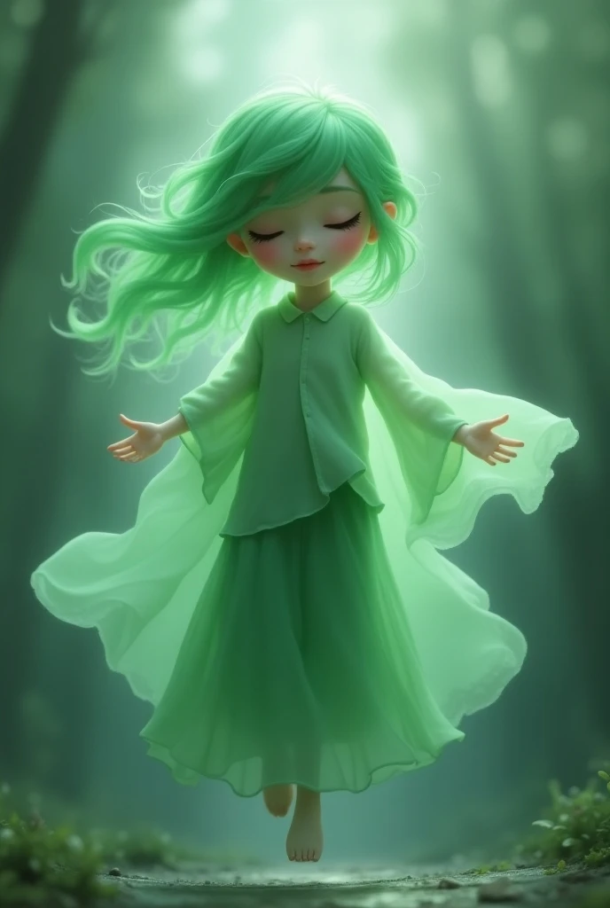 Benevolent ghost, green hair, green skin, green trousers, green shirt, without wings, tiny, female , realistic, flying