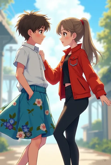 Anime boy in a blue floral skirt and a short sleeve white button up top with a girl in a red jacket and black leggings 