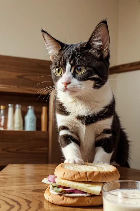 a cat having a milshake and a sandwich at yard, detailed feline features, beautiful fur texture, detailed whiskers, detailed eye...