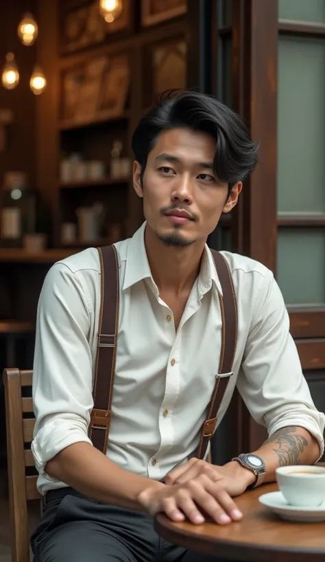 "A realistic depiction of a Thai man, around 29 years old, sitting outside a vintage-style coffee shop, viewed from across the street. He has a vintage hairstyle and is dressed in a white long-sleeve shirt with the sleeves rolled up to mid-arm, showing a s...