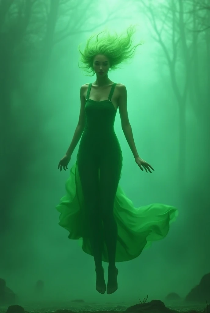 Female , ghost like, flying, green hair, green skin, wearing green overall