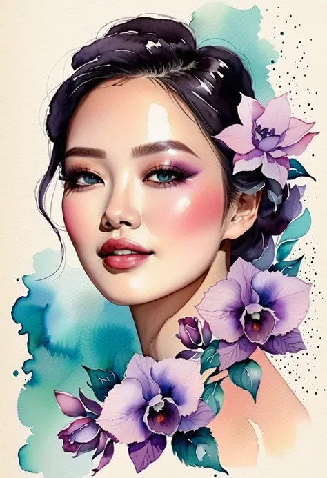 Watercolor、 old paper texture、Damaged Paper、Old style、Faded colors、composition、Golden Ratio、Functional、grace、 details、background、Soft colors、Blurred Lines、  purple flowers on the theme 、下から見上げる角度で描かれた藤崎綾乃のWatercolor。 dark makeup enhances glamorous appeal 、...