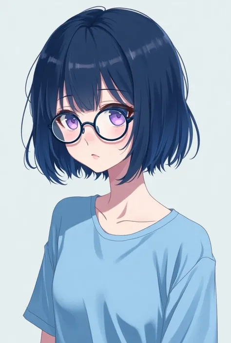 Create an anime image of a short haired female, petite body, pale skin, dark blue circle glasses, oversized sky blue tshirt, small stripes of blue hair, medium sized breast, and purple eyes.



