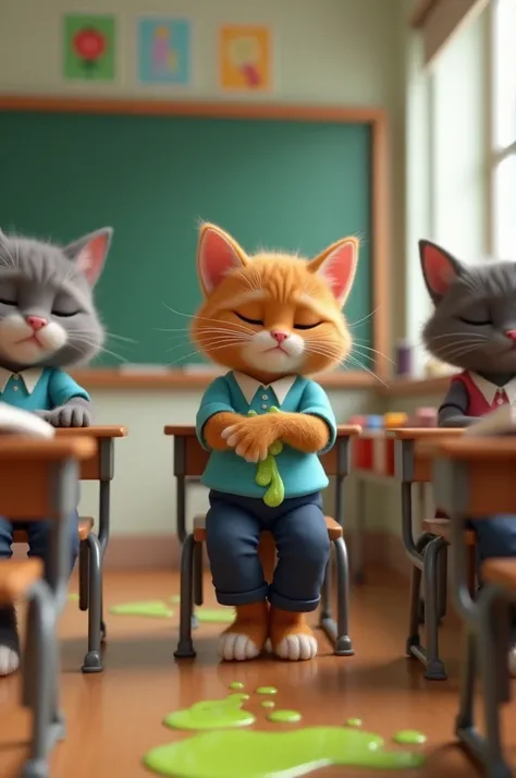 "In a well-lit, full HD 3D classroom with a realistic human-like digital style, focus on the brown kitten sitting at the desk in a light blue school shirt and navy pants, suddenly clutching its stomach with a visibly distressed expression. The kitten’s pos...