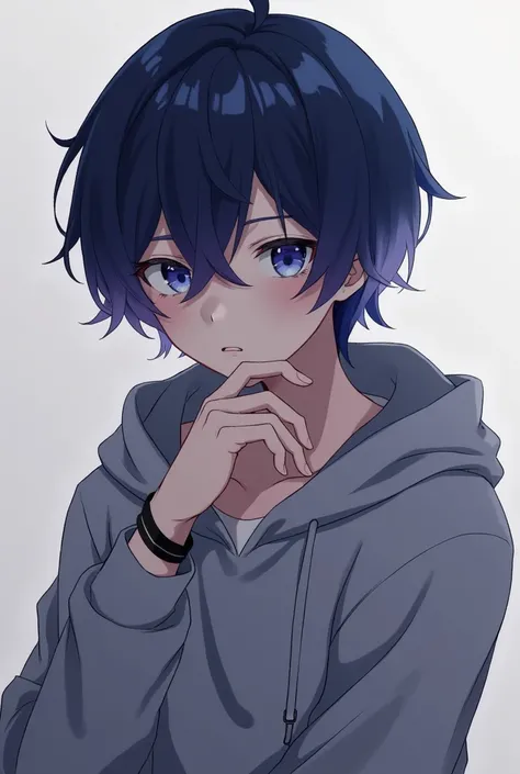 Make an anime boy with dark blue hair with some purple shade , and blue colour eyes, wearing grey hood and a brown lower , wearing a bracelet in his left hand wrist, sad and lonely , age is 35