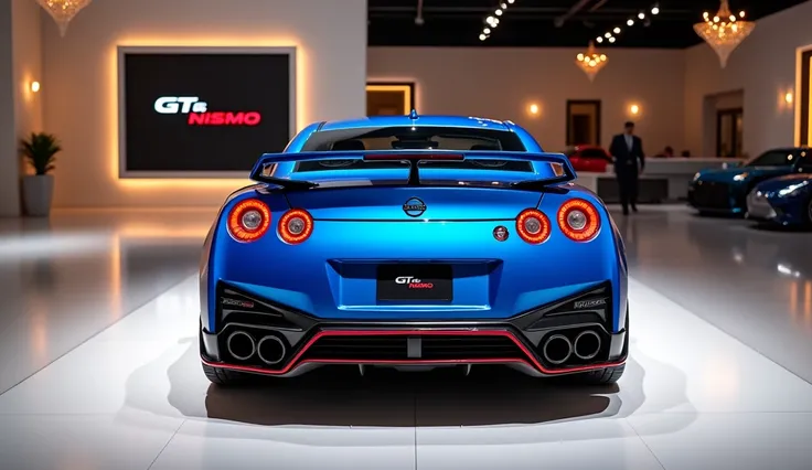  
A back view 2025 Nissan GT-R 36 nismo in blue colour in showroom write it Car name on number plate and wall