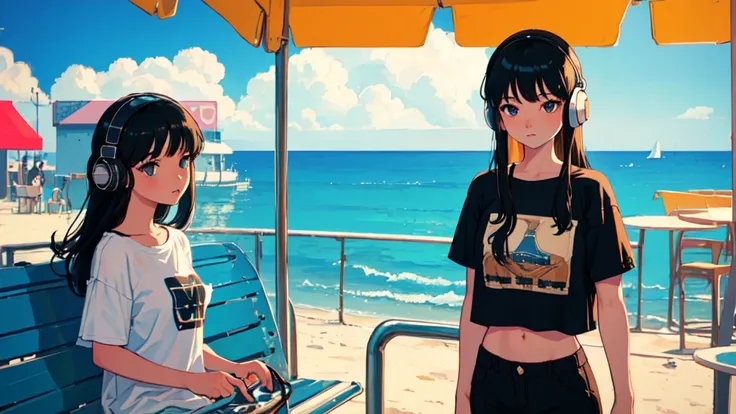 ((cowboy shot)), (lo-fi, retro, pale color, low contrast), (1girl, black hair, black eyes, t-shirt, headphone), (summer sky, seaside cafe terrace), (dreamy atmosphere, nostalgic)