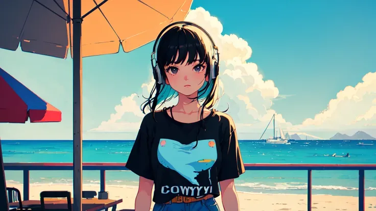 ((cowboy shot)), (lo-fi, retro, pale color, low contrast), (1girl, black hair, black eyes, t-shirt, headphone), (summer sky, seaside cafe terrace), (dreamy atmosphere, nostalgic)