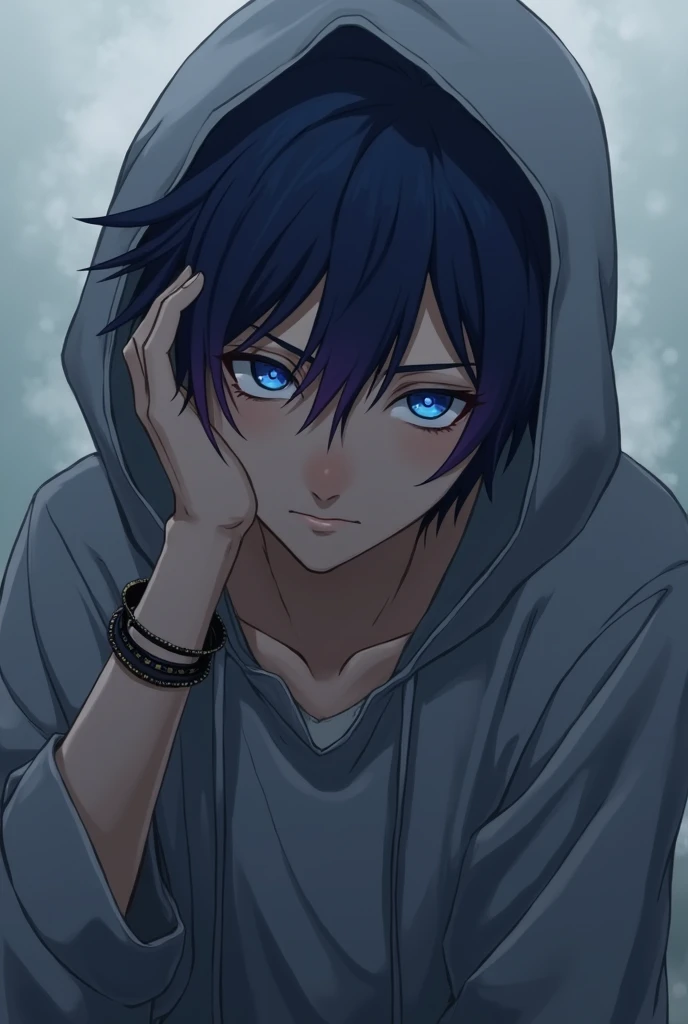 Make an anime boy with dark blue hair with some purple shade , and blue colour eyes, wearing grey hood and a brown lower , wearing a bracelet in his left hand wrist, sad and lonely , his age is 40