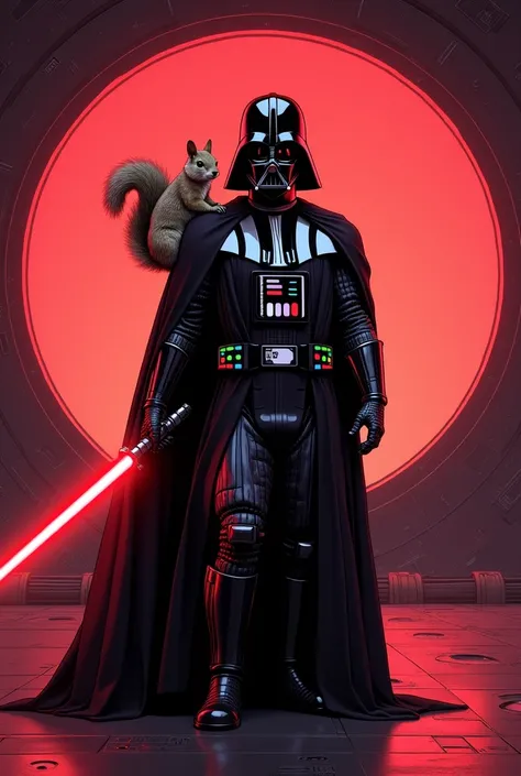 create a comic page of darth vader, holding his red lightsaber, with a squirrel on his shoulder dressed as a sith, standing in the reactor room of the death star, surrounded by a red light, and an open window of space