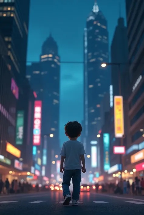 alone. A cute boy.  He is wearing jeans t shirt. Japanese is walking through the busy city at night and many big buildings around