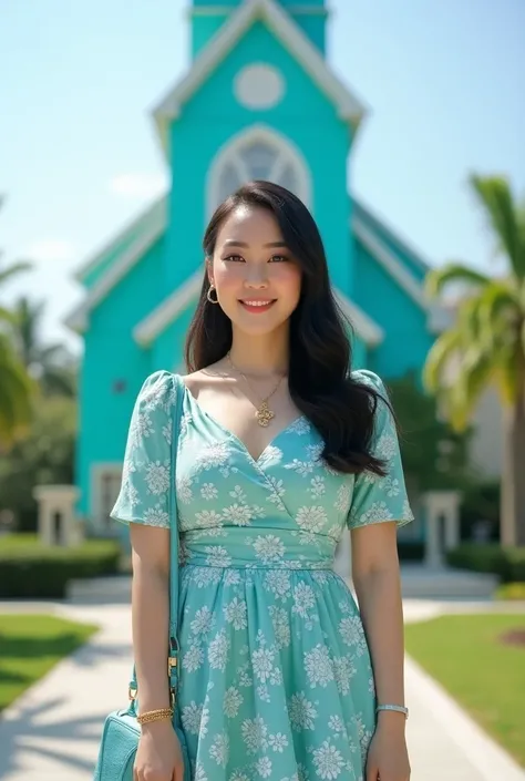 A full image of beautiful Asian chubby woman,  ,white soft skin, smiled, long black straight hair , wearing aquamarine floral short sleeves v neck peplum dress,aquamarine highhells,aquamarine shoulder bag,with gold accessories,,model standing in front of a...