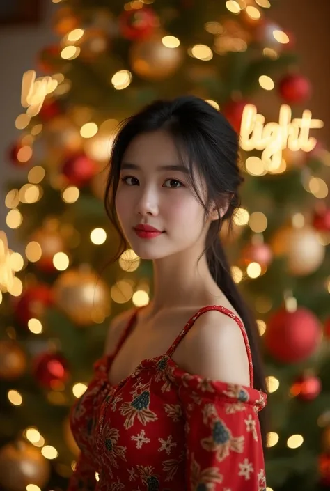 The image features an beautiful Korean girl standing in front of beautifully decorated Christmas tree adorned with red and gold ornaments  and twinkling lights.Behind the person, small illuminated letters spell out "light".The person wearing a cute dress t...