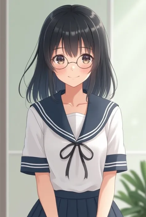 Japanese woman in her early 20s with a cheerful smile　 white sailor suit 　The skirt is navy blue　Japanese woman in her early 20s with dark shoulder-length hair 　Round Glasses　Real