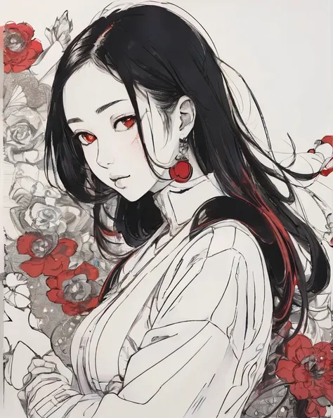   uses smooth white lines on red canvas to draw the profile of an elegant and stunning beautiful woman 、エレガントで見事なbeautiful女性の横顔を描きます。 Connect the tube to the wall 、beautiful 、Long black hair、pray、 Mechanical Hand 、 red turtleneck tight、skull
(color ink pai...