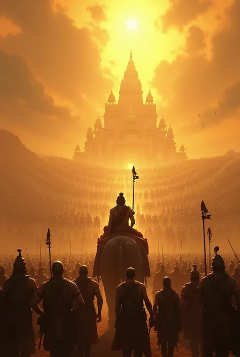 Kurukshetra as a "Dharmakshetra": "The grand field of Kurukshetra, covered with armies on both sides, bathed in golden sunlight symbolizing divinity. The landscape is vast and filled with chariots, elephants, and warriors preparing for battle. A slightly e...