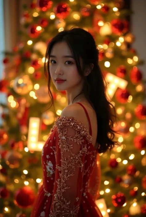 The image features an beautiful Korean girl standing in front of beautifully decorated Christmas tree adorned with red and gold ornaments  and twinkling lights.Behind the person, medium illuminated letters spell out "light".The person wearing a cute dress ...