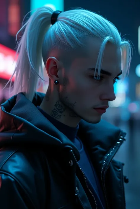 Chara game role Assassin CyberPunk theme, white hair, 1men, pony cool, hairstylist hair, use knife on hand,game mmorpg, dress theme dark blsck and blue neon, focuss top looking