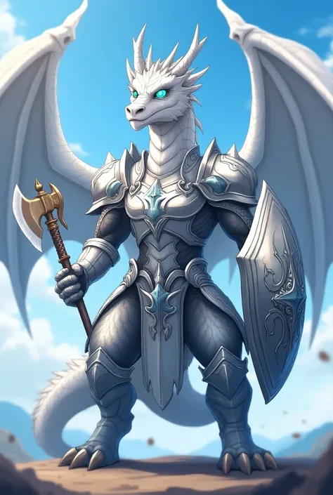 Anime style, full body, a bipedal dragon with white scales, icy blue eyes, faily muscular, elegant silver armor covering him from the neck down with no gaps, wielding an axe in one hand and a shield in the other