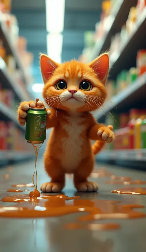 In cinematic 3D style HD image releasing image,colourful image 
Character,A ginger baby cat with short fur appears to be taking a selfie, captured from a low-angle perspective. Its wide eyes and sad expression.
Action,Inside the grocery store, Baby Cat is ...