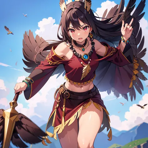   Native American female warrior (cute,beautiful,18 years old,(Muscular:1.3), holding one Indian spear,Dark Skin Tone,Black stray hair,Dark glowing eyes,Big Eyes,A strong-willed face,Leather dress(fringe, Glass beads),Indian Cape(fringe, Glass beads), War ...