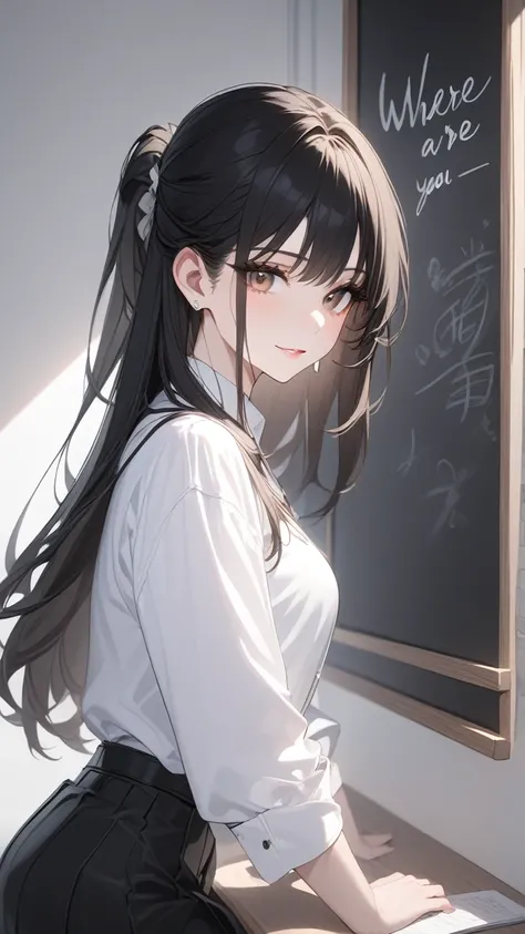 highest quality、masterpiece、1 girl、black background、black hair:1.5、brown eyes, white clothes、Black and white world、Black and white world、pale skin、side blade, light smile.
Show a Blackboard with a message "Where are you?"