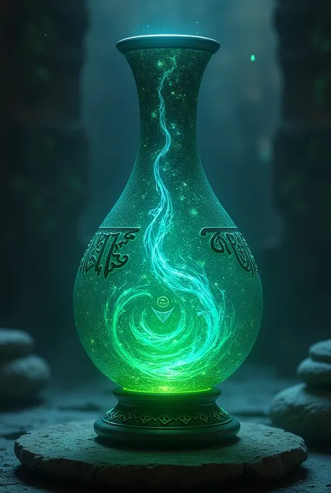  show me a vase with protective signs drawn on it, The vase must be bright and must emit blue light/ water green  