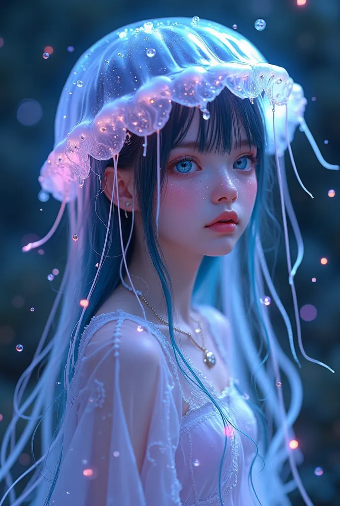 A digital artwork of a young girl with an ethereal, jellyfish-like appearance and glowing tentacles. porland girl, white skin, round eyes, sagging eyes, blue eyes,make up , a fantasy-inspired scene , adorned in an ethereal, shimmer like stars against the backdrop of twilight. shiny glittering particles on face , bright ,creative fashion , emitter, mesmerizing effects,