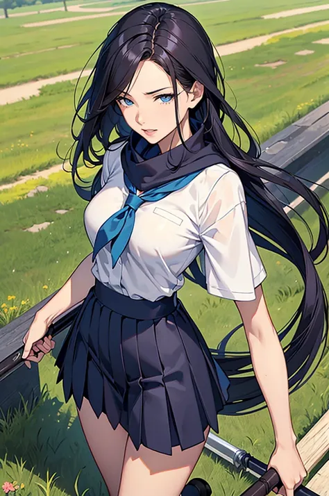 最High image quality, masterpiece, 4K, High image quality,  super high definition,  of the prairie , CG drawing（ one cool adult seductive woman 、）Hair、Black Hair、It has a glossy finish.。 Hairstyle、Long Hair、 straight、Hair、Split her forehead in the middle 、Y...