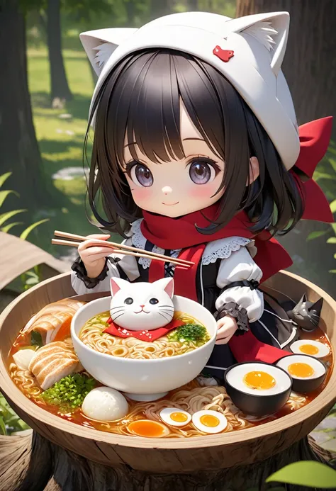 cute girl doll wearing a cat ear hat , スカーフを身に着けているかわいい女の子の人形,  red and white gothic dress , Elegant smile, Cute  doll wearing a scarf looking into a large bowl of ramen , Holding chopsticks in hand, cute 3d cartoon style 。 accurate anatomy. Highly Detaile...