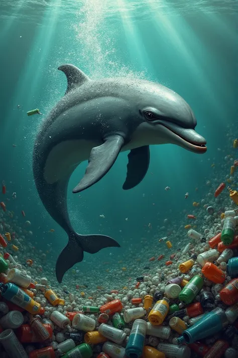 give me drawing about sea pollution because of industrial waste that have a main subject that is dolphin also plastic waste