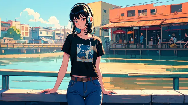 ((cowboy shot)), (lo-fi, retro, pale color, low contrast), (1girl, black hair, black eyes, t-shirt, headphone), (summer sky, riverside cafe terrace), (dreamy atmosphere, nostalgic)