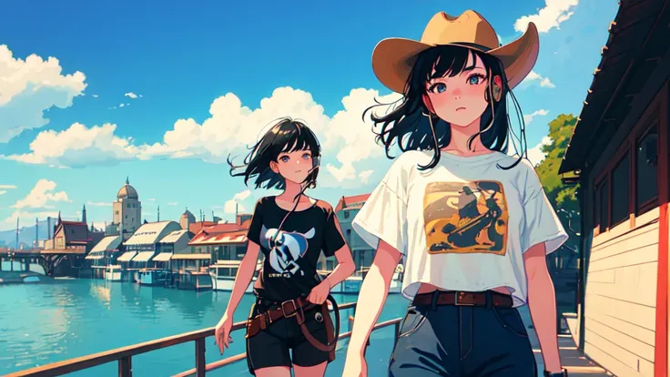 ((cowboy shot)), (lo-fi, retro, pale color, low contrast), (1girl, black hair, black eyes, t-shirt, headphone), (summer sky, riverside cafe terrace), (dreamy atmosphere, nostalgic)