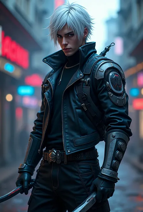 Chara game role Assassin CyberPunk theme, white hair, 1men, short hair, hairstylist hair, use knife on hand,game mmorpg, dress theme dark blsck and blue neon, focuss top looking, robotic armor blade master