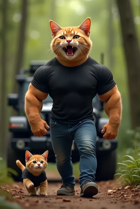 A muscular happy brown cat in black tshirt And black jeans stroll in the forest with a happy brown little kitten in black jeans and black tshirt in his black jeep and happy ai image