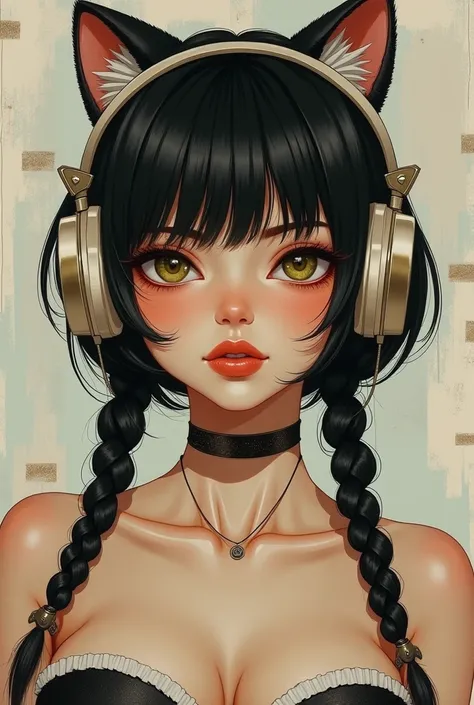 Breasts,  big breasts,  Cat ear headphones,  Short hair, Bangs over the eyes, double braids, background blur, Angle, Semitone,  Alphonse Mucha style , Sketching, tape, tape для волос, a mask, 