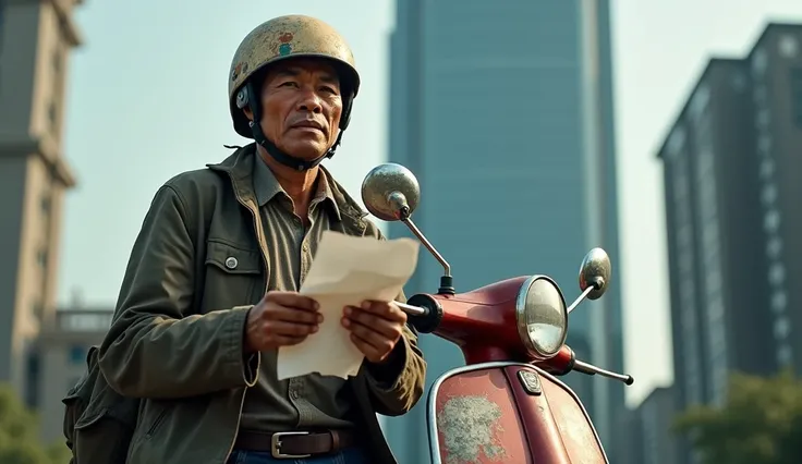 a 30 years old indonesian man, wearing a shabby jacket and an old helmet, standing next to an old vespa, holding a job application paper, a tired expression on his face, office building