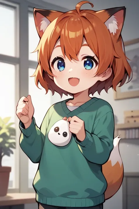  score_9,  score_8_up,  score_7_up, Anime BREAK，High image quality， a very young girl ， short stature ， toddler figure ， cute anime with blue eyes , Freckles, Redhead and fox sweater :1.3，