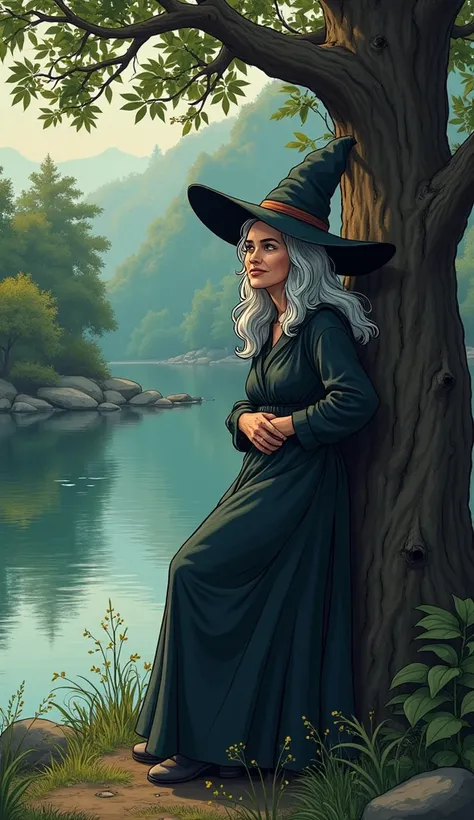 Create an old comical style image of the witch standing in the shadows by the river, leaning casually against a tree with a smirk on her face. She watches with amusement as Oliver’s fate unfolds, her silver hair catching the light. Her expression is one of...